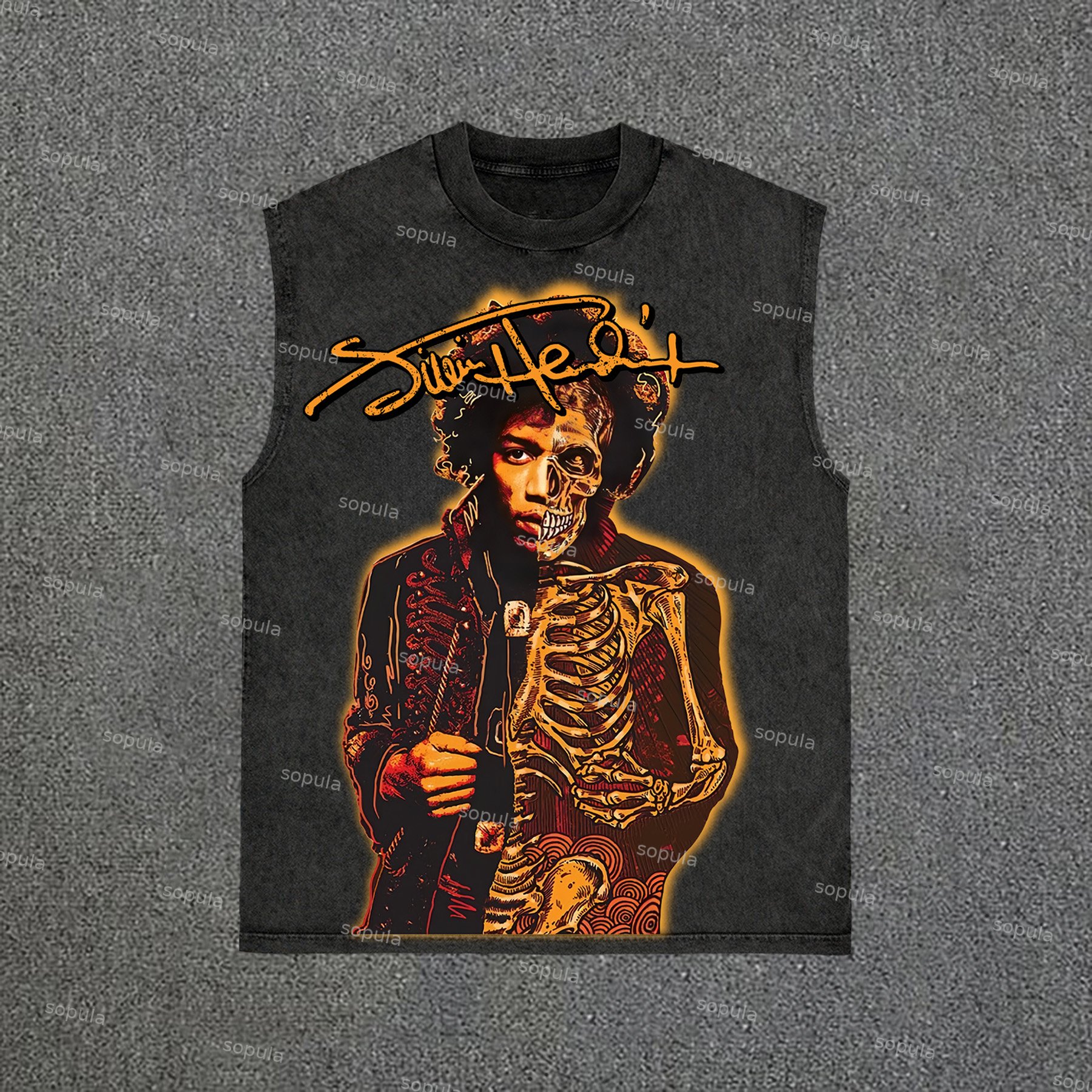 Sopula Retro Jimi Hendrix Print Vintage Wash Sleeveless Tank Top - SOPULA