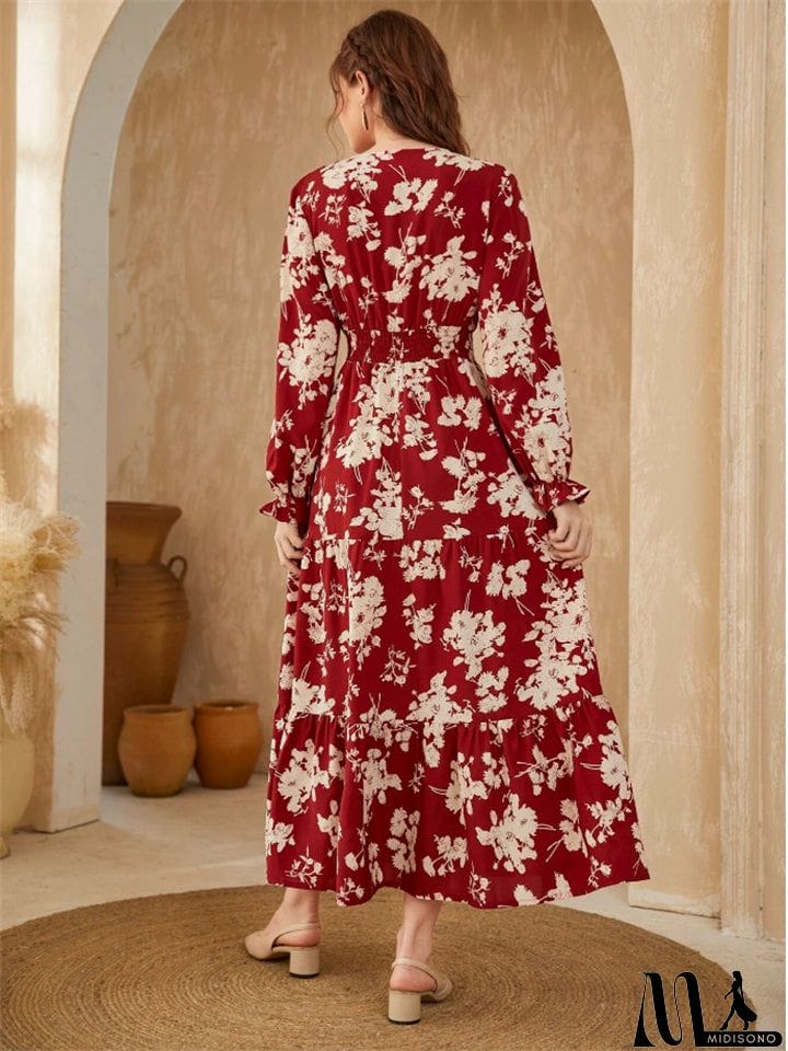 MidiSono - Autumn Winter Female Flower Print Long-sleeved Dresses