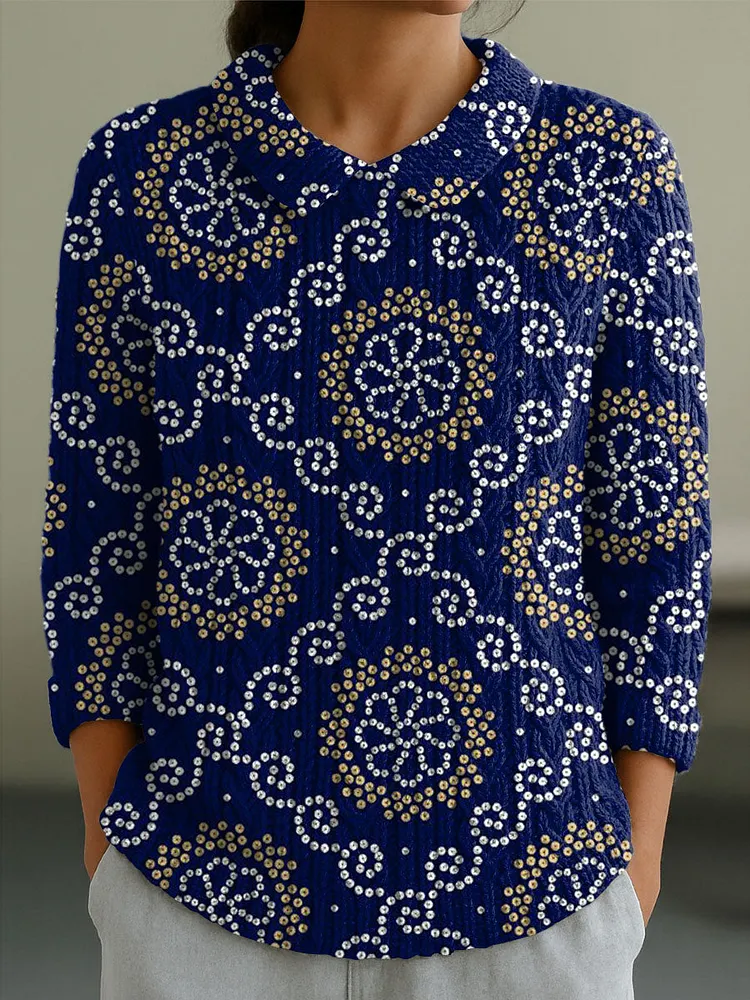 Women's Casual Peter Pan Collar Blue Totem Pattern 3/4 Sleeve Sweater