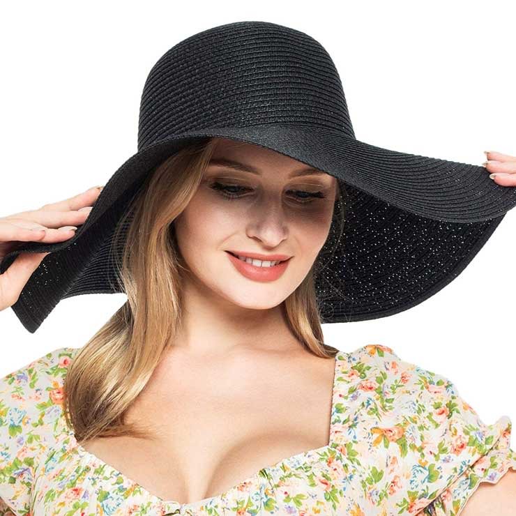 Solid Floppy Straw Sun Hat-BLACK