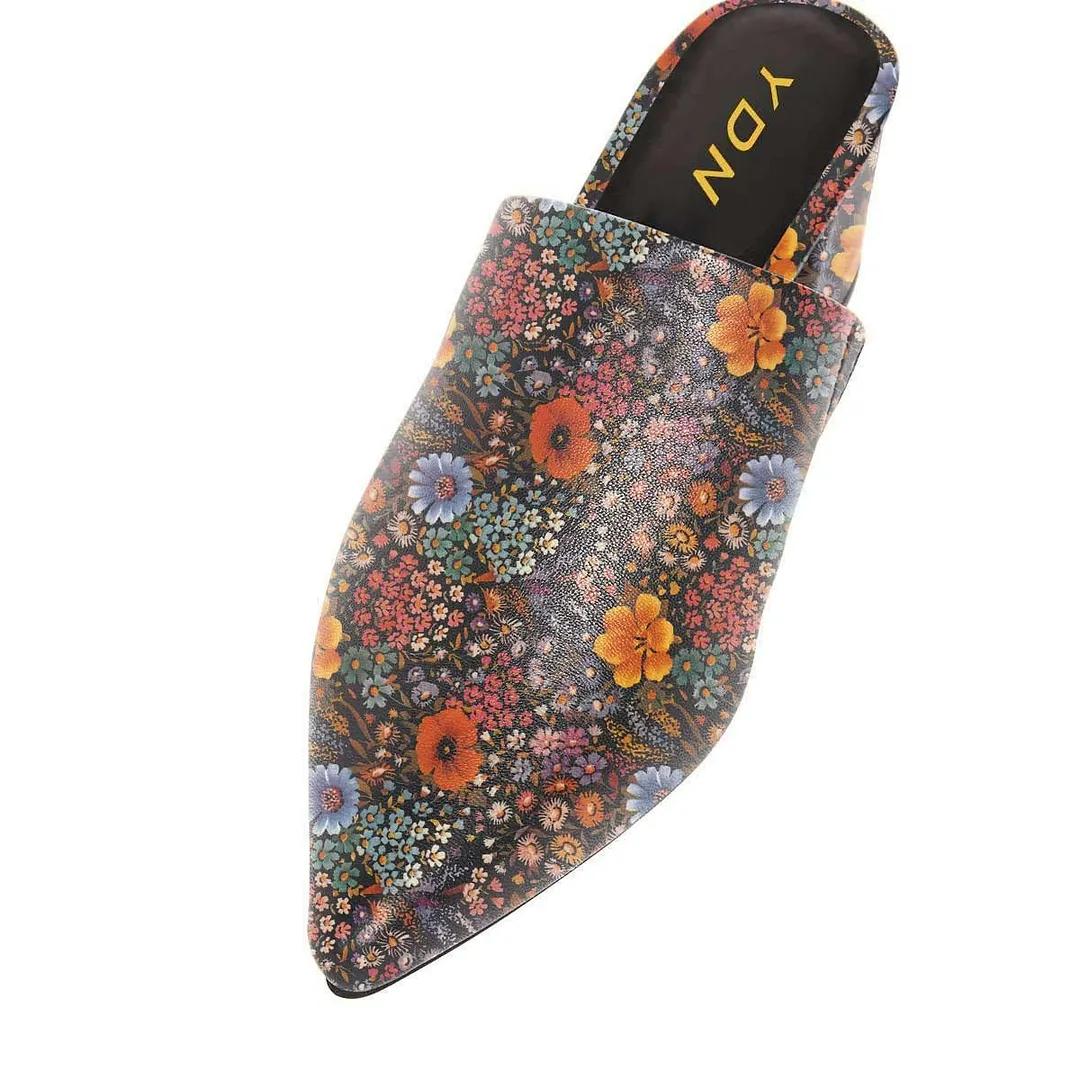 Multicolor Faux Leather Closed Pointed Toe Floral Print Heeled Mules