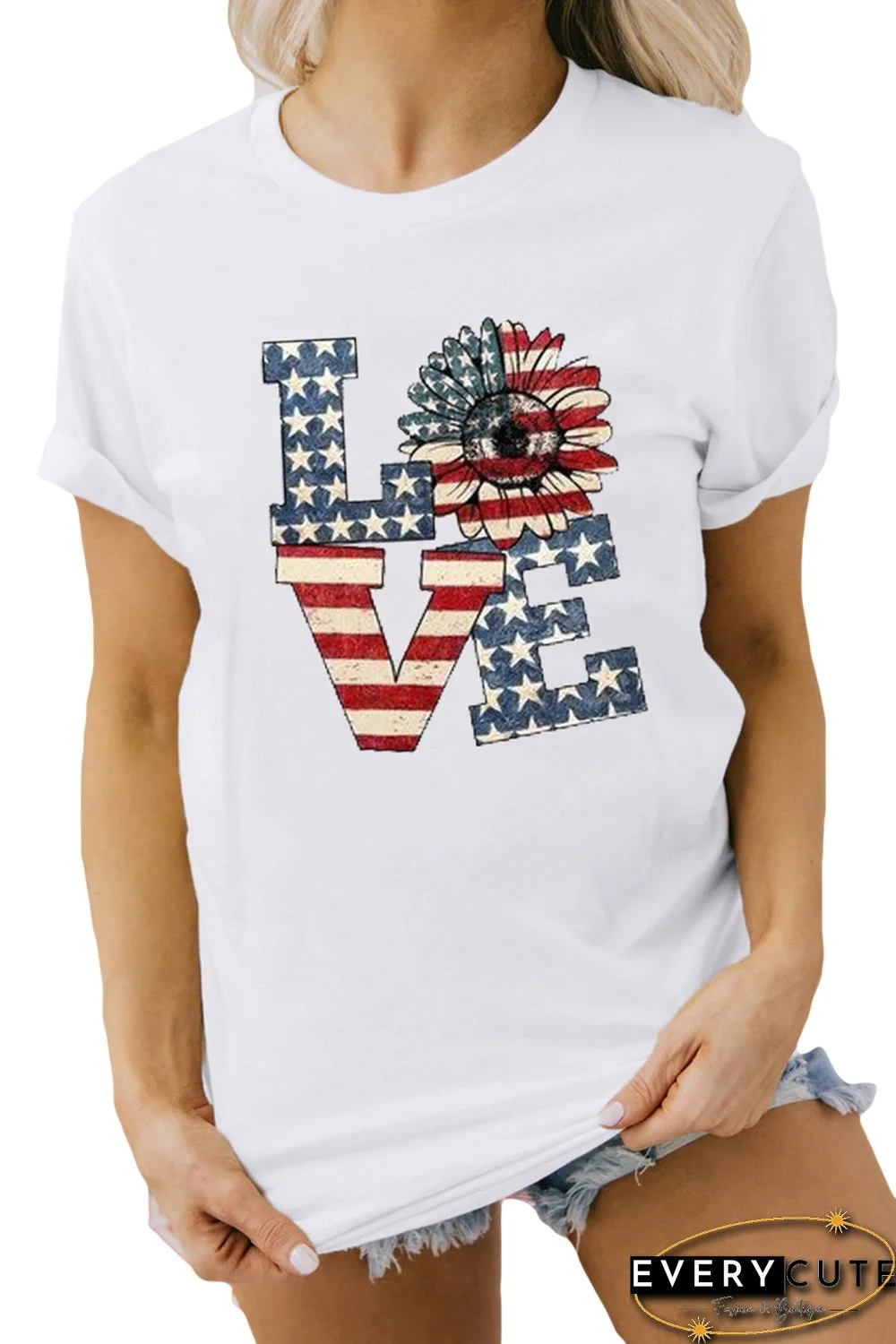 White USA Flag Sunflower LOVE Print Short Sleeve Graphic Tee