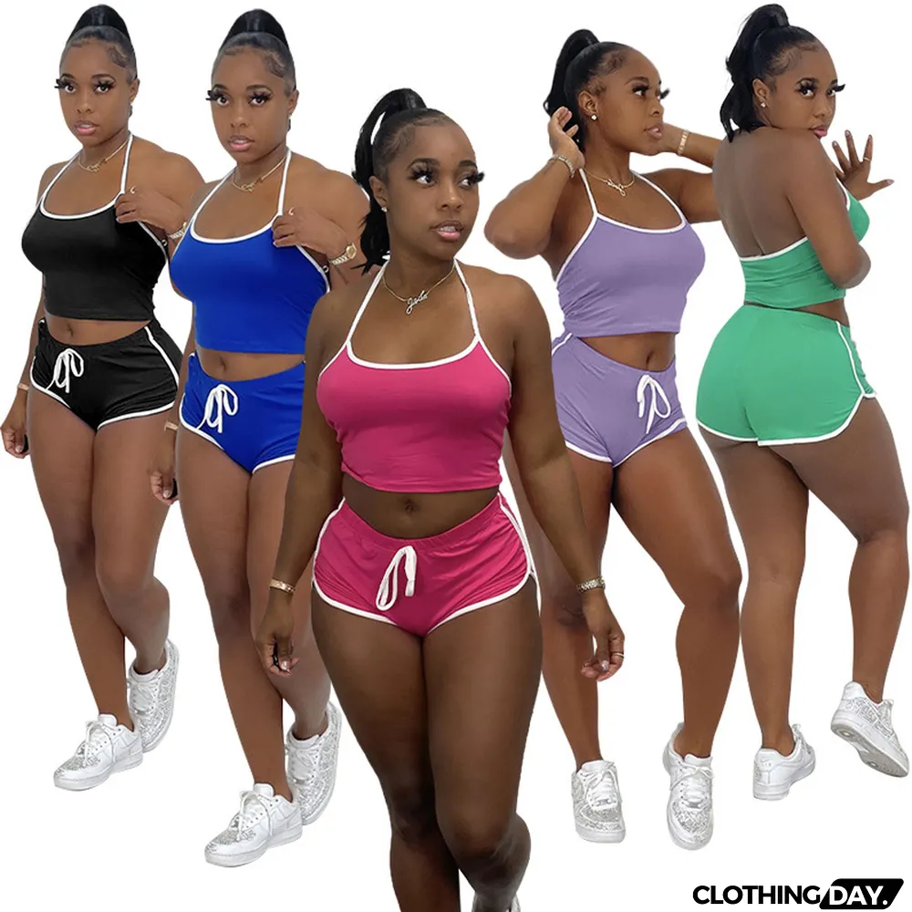 Summer sleeveless sexy solid color vest shorts two-piece set