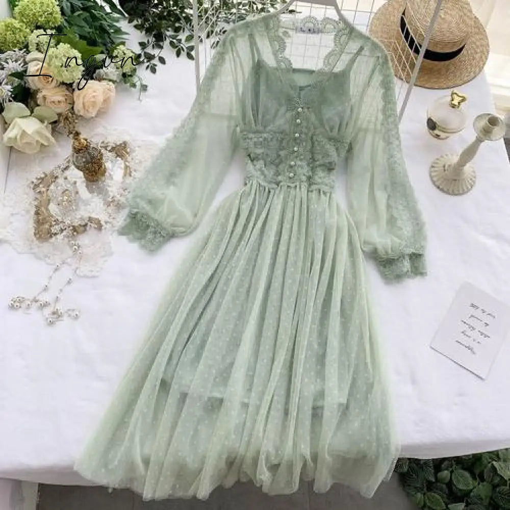 Ingvn - Women Mesh Lace Crochet Dresses V - Neck Elegant Prom Puff Sleeves Dress Summer Dot Party