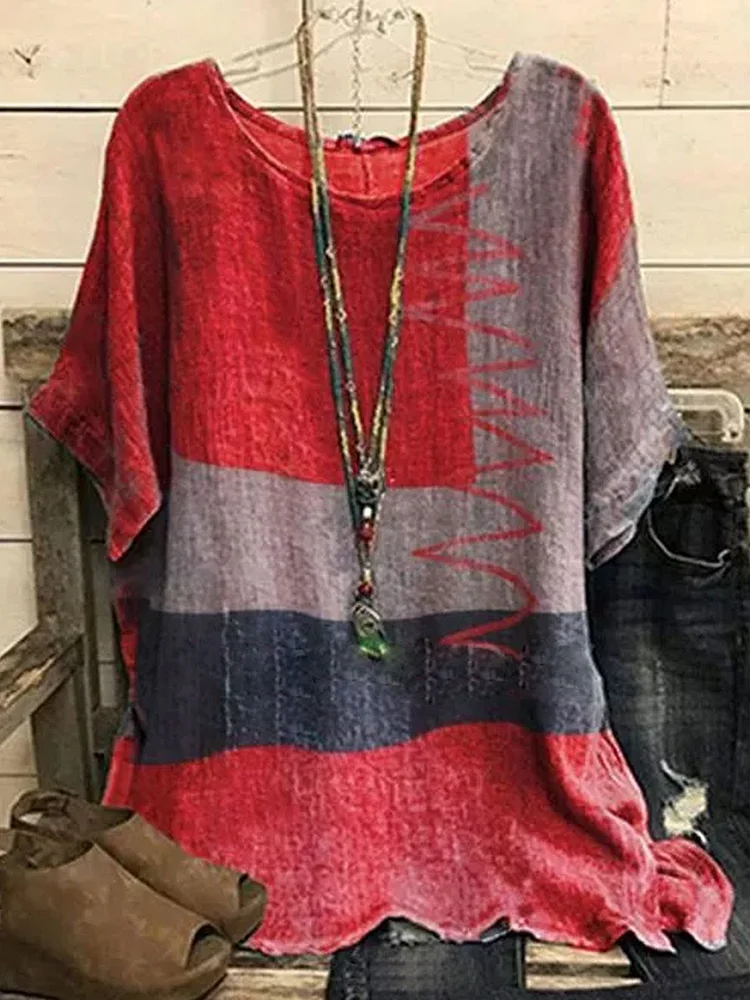 Cotton And Linen Leaf Print Loose Short-sleeved Blouse