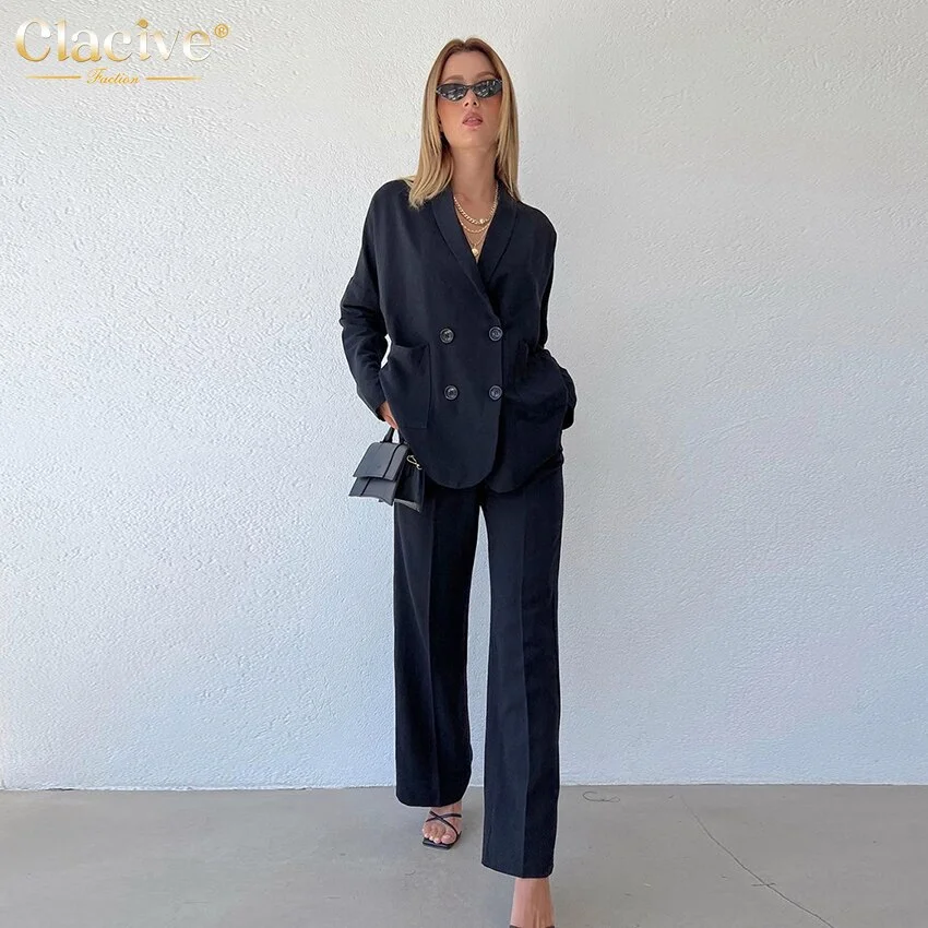 Toloer Casual Loose Blue Trousers Suits Fashion Long Sleeve Blazer With High Waist Straight Pants 2 Piece Sets Womens Outfits