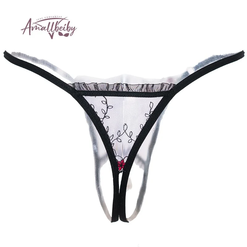 Pearl Pendant Open Thongs Lace Women Underwear Crotchless Embroidery G String Tanga Briefs Lace Transparent Sexy Lingerie