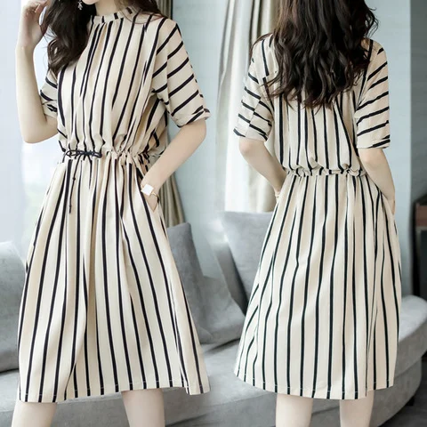 Brownm Brownm 2023 New Korean Version Of The Waist Temperament Fashion Casual Loose In The Long Striped Dress Women's Clothing