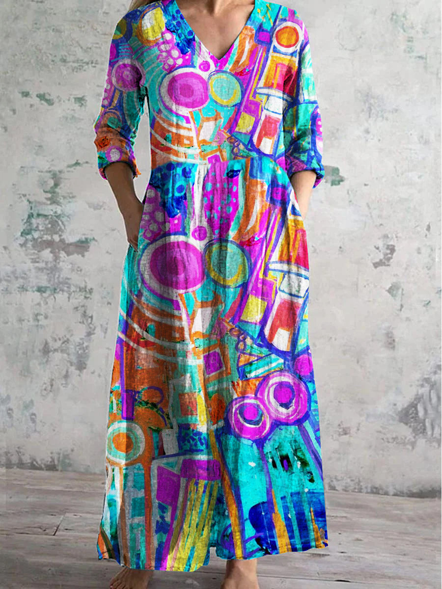 Women's V-Neck Art Irregular Pattern Dress With Pockets