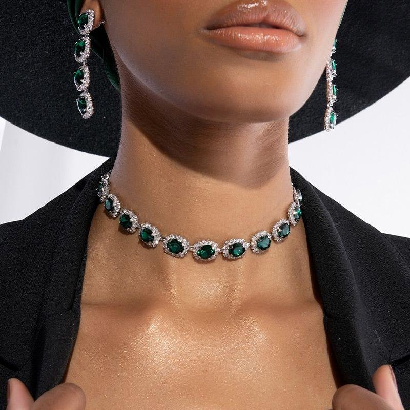 Green Rhinestone Chain Choker Necklace for Women-VESSFUL