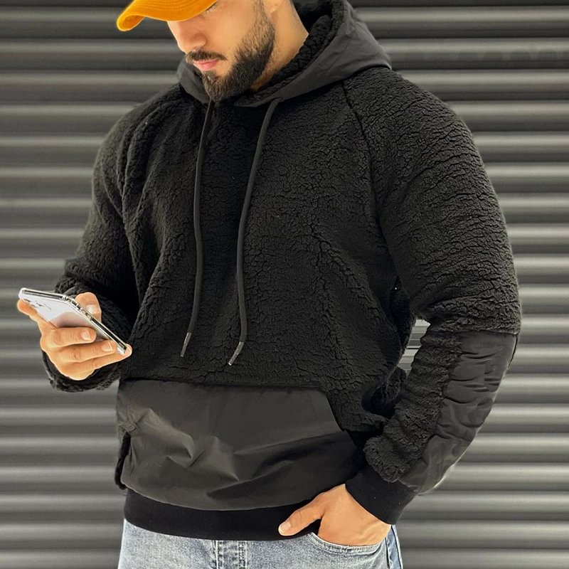 Men's Plush Warm Fabric Stitching Hooded Sweater