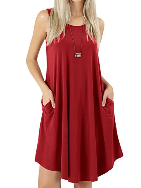 Pockets Solid Color Loose Spaghetti-Neck Mini Dresses