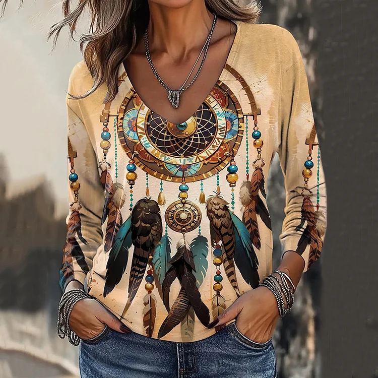 VChics Vintage Western Dreamcatcher Print V-Neck Long Sleeve T-Shirt