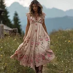 Vintage Boho Pink Roses Embroidered Lace Trim Flowy Linen Maxi Dress - Image 2