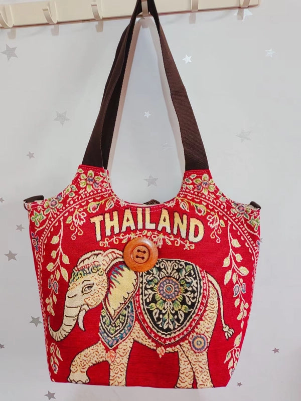 Women’s Large Canvas Elephant Ethnic Style Square Zipper Shoulder Bag