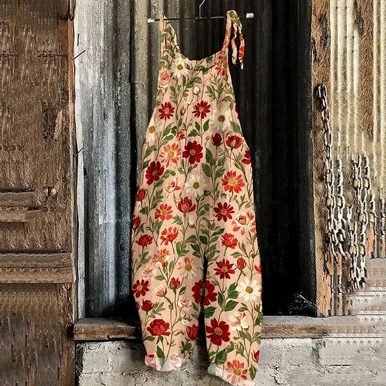 Utbros Women's Bohemian Style Lovely Flowers Art Linen Print Cotton Linen Jumpsuit