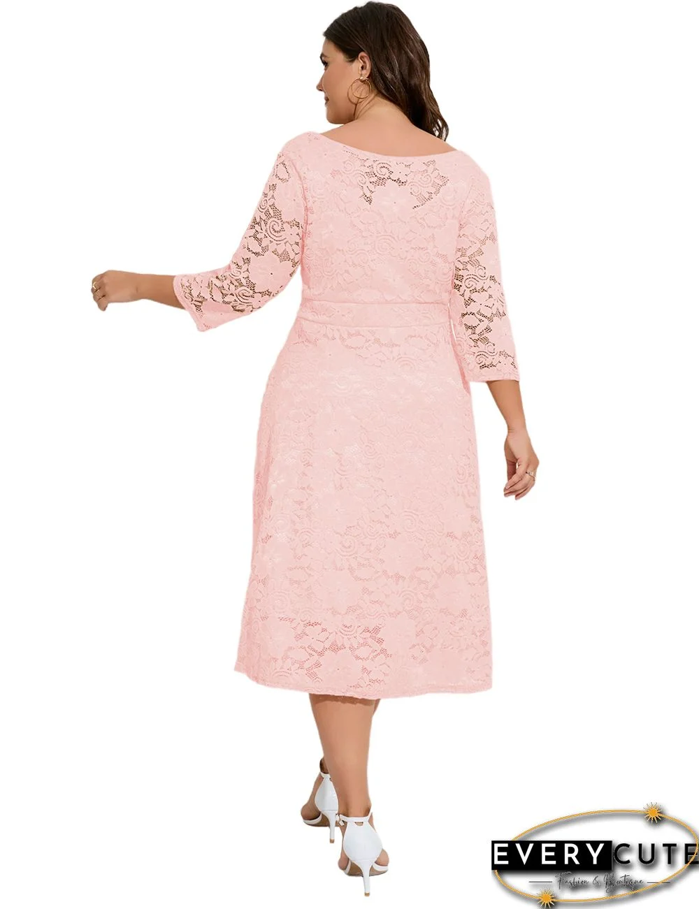 Pink Hollow-out Pocketed Lace Plus Size Dress