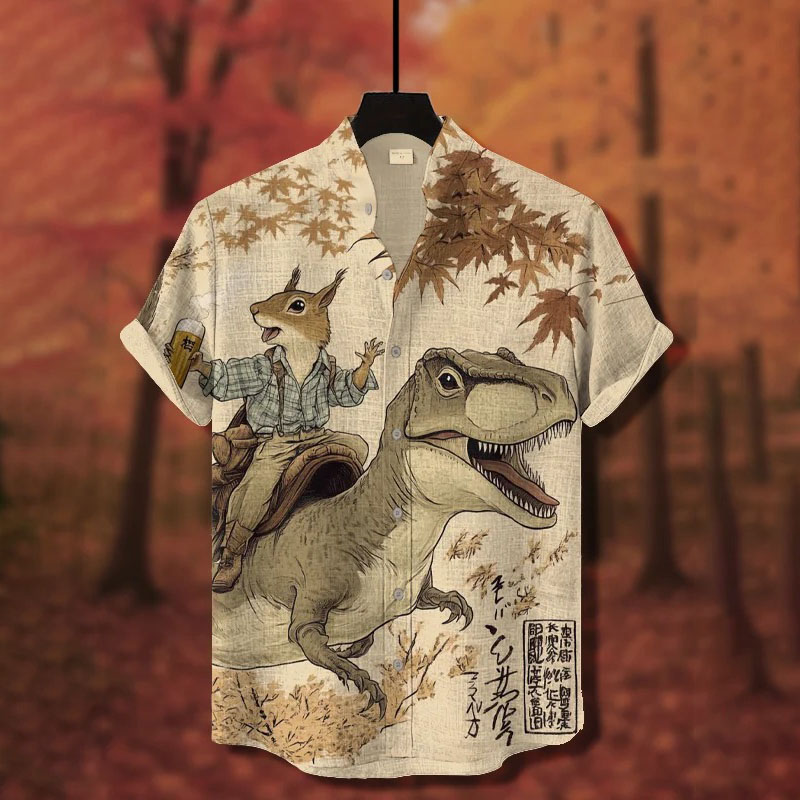 Men's Fun Squirrel Riding A Dinosaur Abstract Art Print Linen Blend Cozy Shirt  artssus
