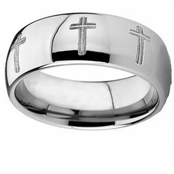 6MM 8MM Silver Mens Cross Religion Dome Tungsten Wedding Bands