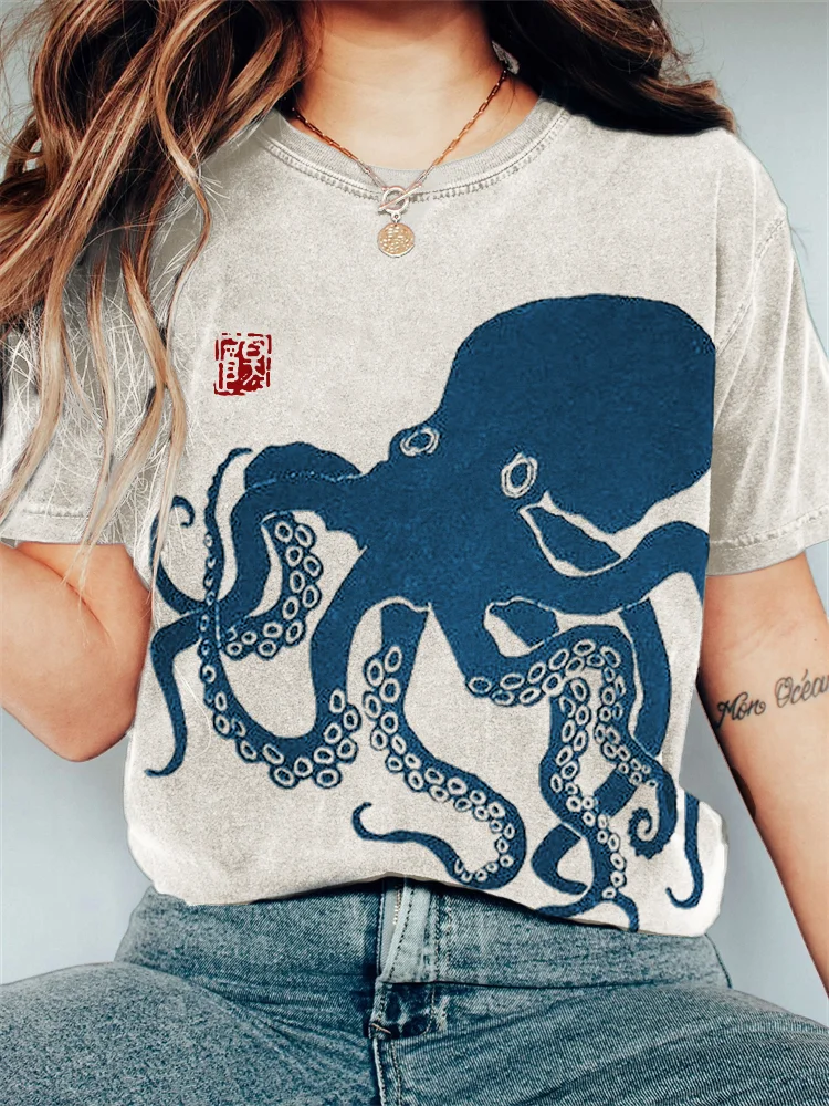 Octopus Japanese Lino Art Vintage T Shirt