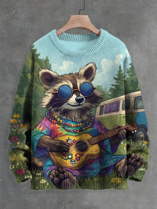 Men's Hippie Raccoon Playing Guitar Art Print Knit Sweatshirt