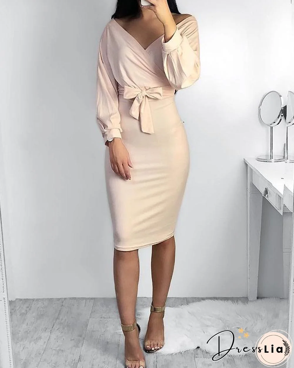 Off Shoulder Twisted Waist Tie Sexy Midi Dress P13670
