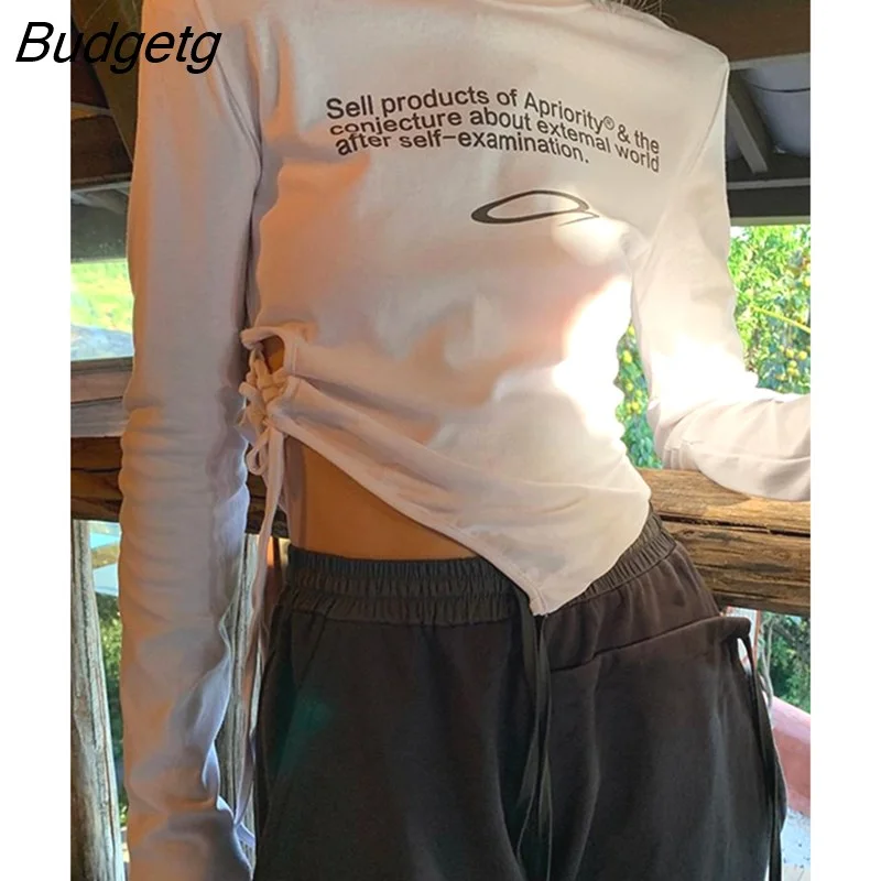 Budgetg Grunge Aesthetic T Shirt Women Long Sleeve Y2k Vintage Croip Tops Irregual Print T-shirt Female American Retro Tee Top