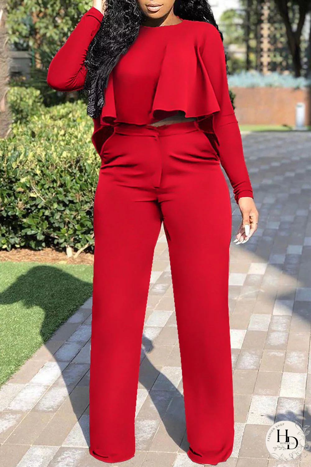 Red Fashion Casual Solid Patchwork O Neck Long Sleeve Two Pieces