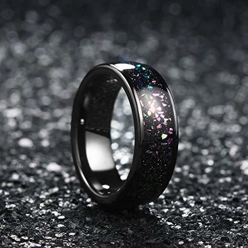 6MM 8MM Men's Or Women's Tungsten Carbide Wedding Matching Rings Black with Rainbow Fragments Inlay Domed
