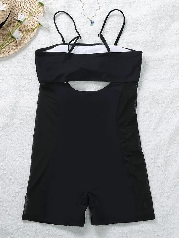 Solid Hollow See-Through One-Piece Swimwear