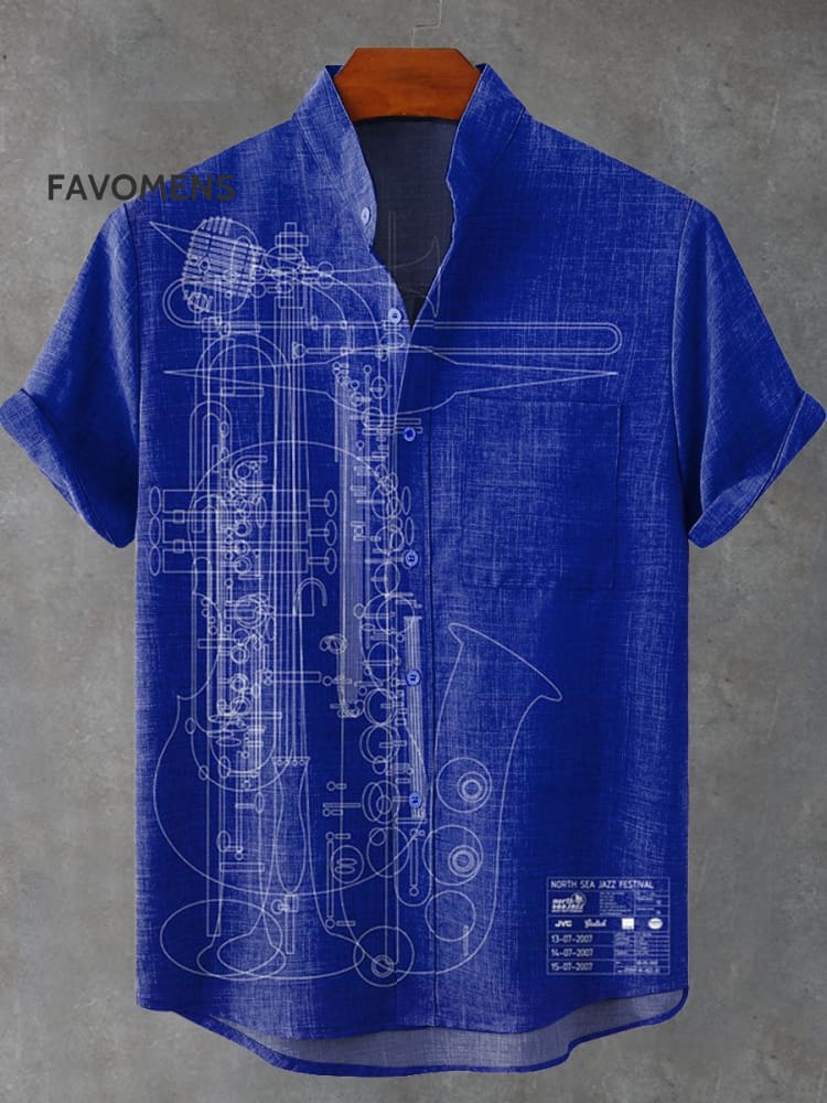 Decorative Pattern Of Overlapping Combination Jazz Instruments With White Lines On Blue Background