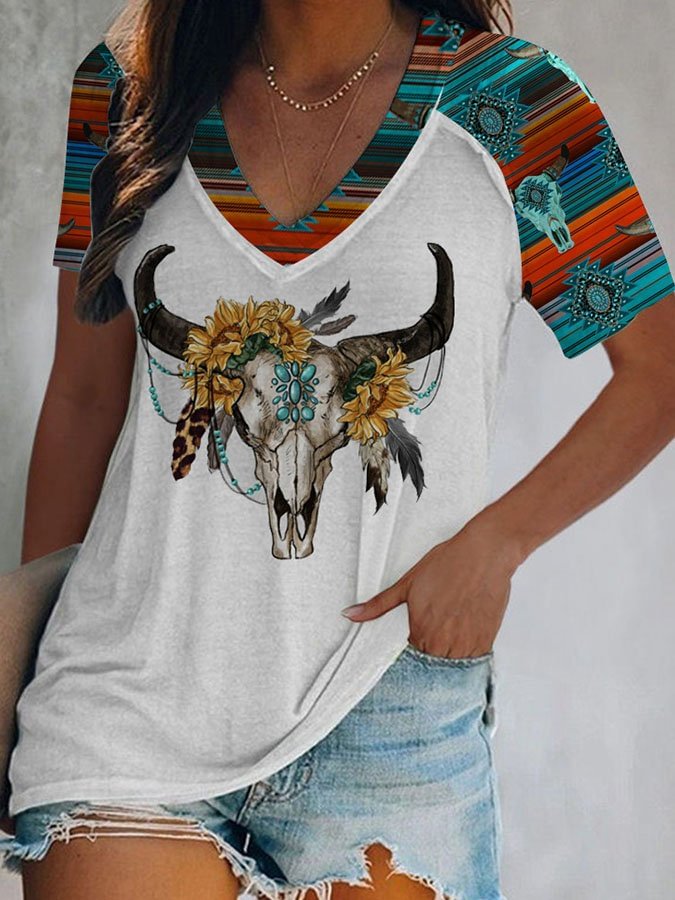 Vintage Print V-Neck T-Shirt