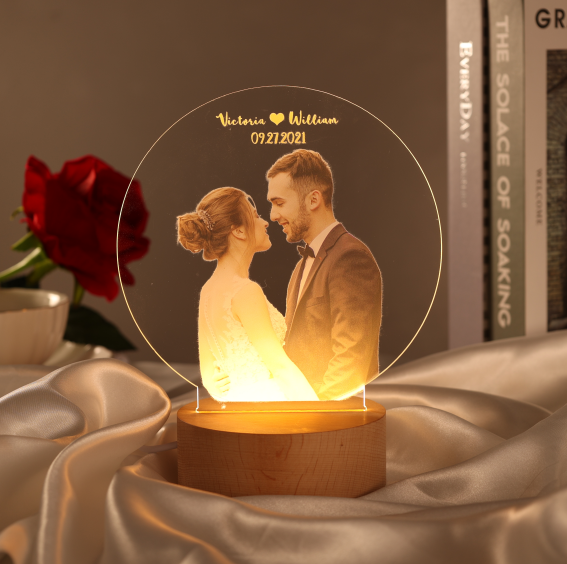 Lámpara para pareja personallizada con 1 foto Luz de noche LED con 1 texto 