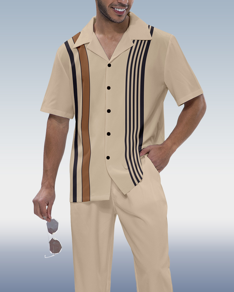 Men's Simple Vertical Stripe Short Sleeve Shirt Walking Set 546