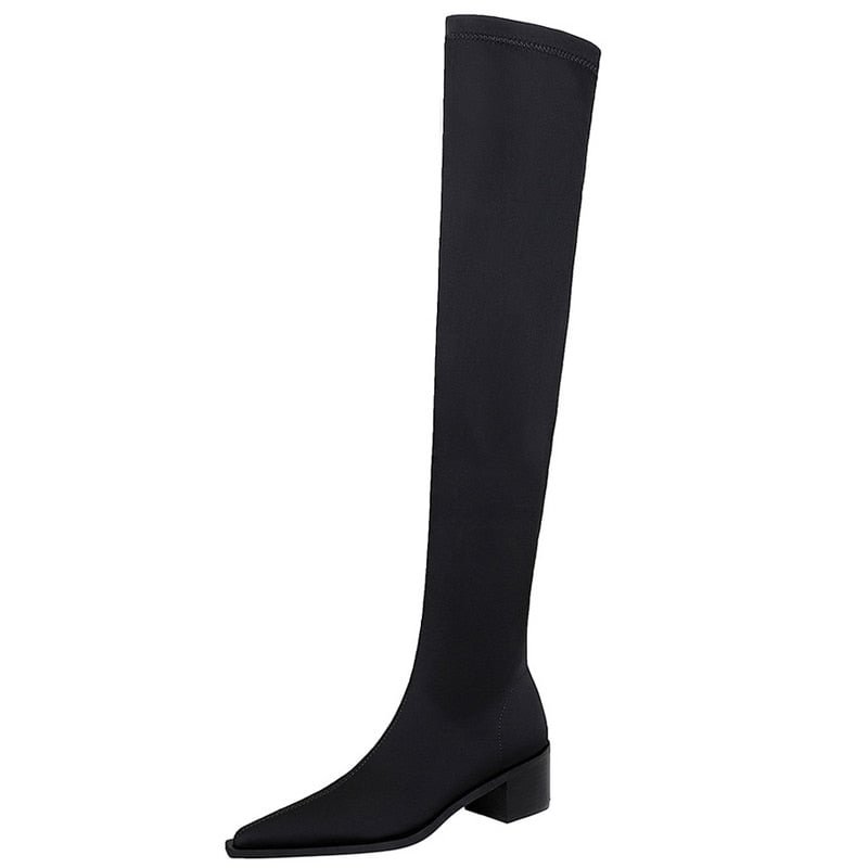 BIGTREE Shoes Women Sexy Over The Knee Boots Pointed Top Stretch Boots Thick Heel High Boots Black Long Boots Autumn Winter Shoe