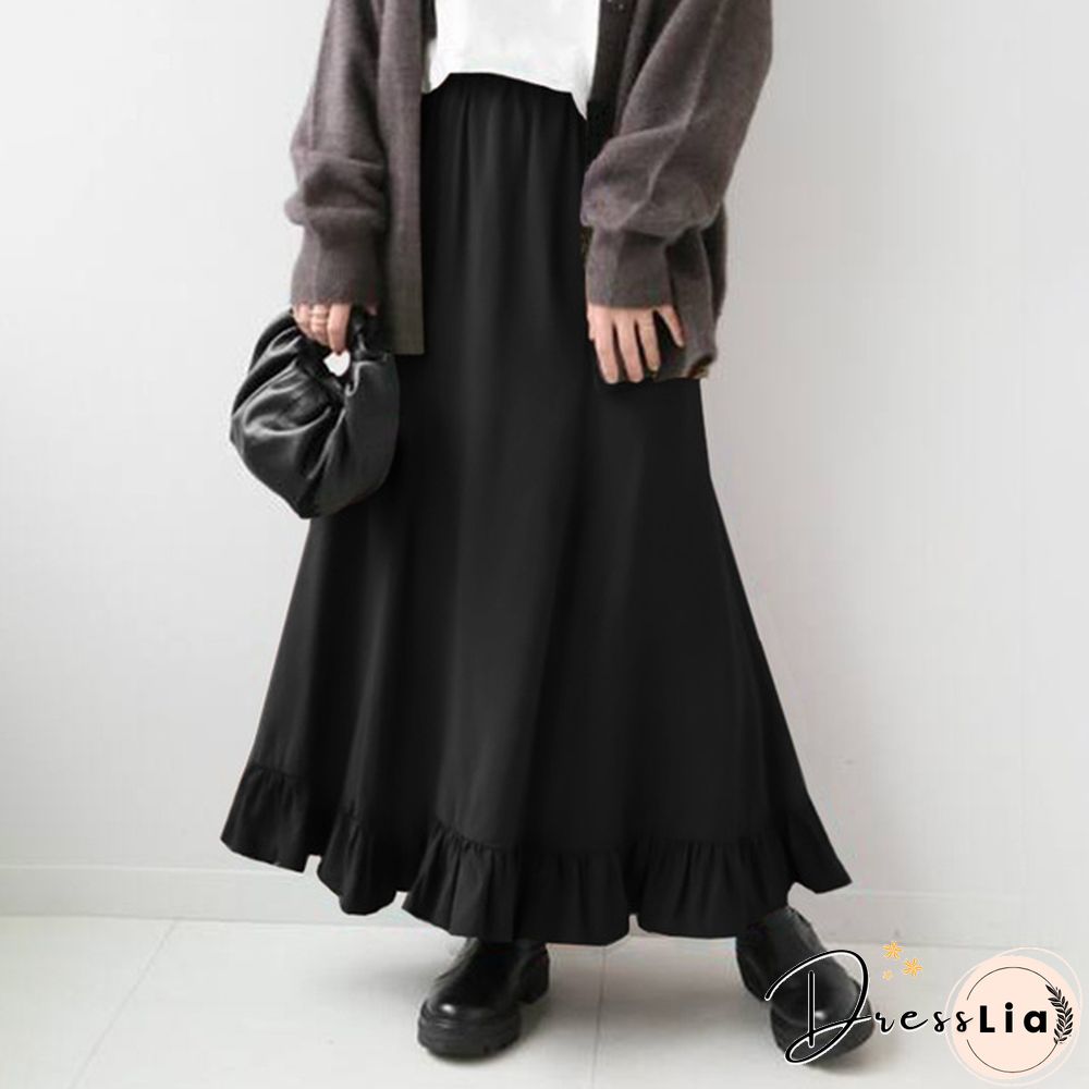 Stylish Women Vintage High Waist Loose Long Skirt Ruffled Hem Summer Skirt Dress