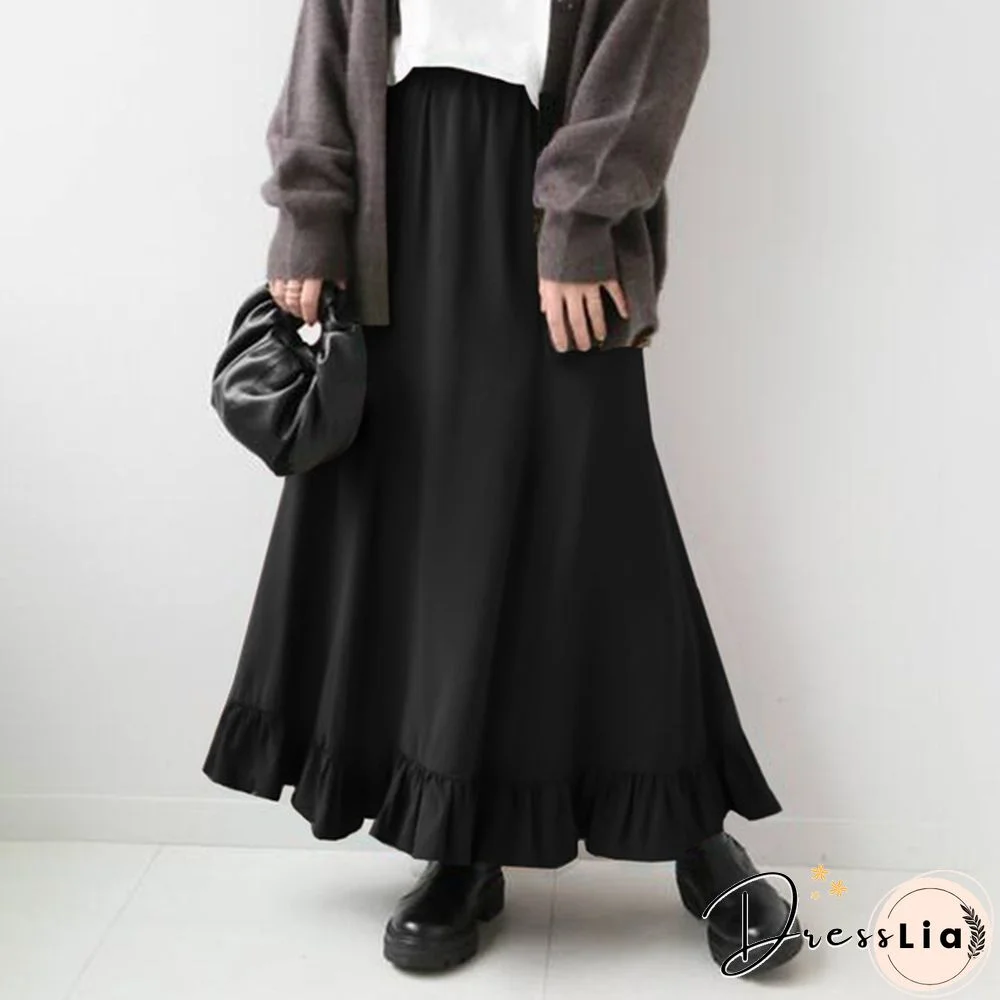 Stylish Women Vintage High Waist Loose Long Skirt Ruffled Hem Summer Skirt Dress