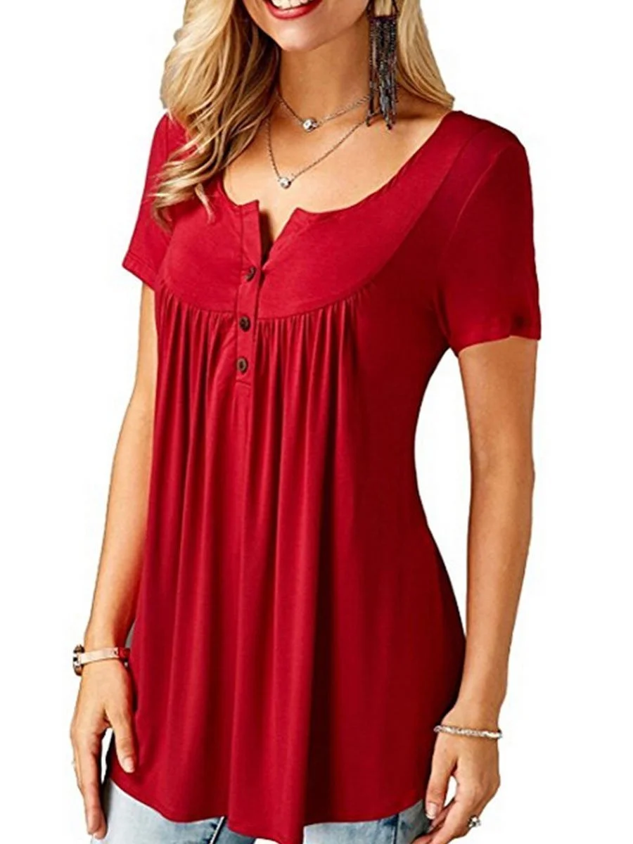 V-Neck  Asymmetric Hem Button Short Sleeve T-Shirts