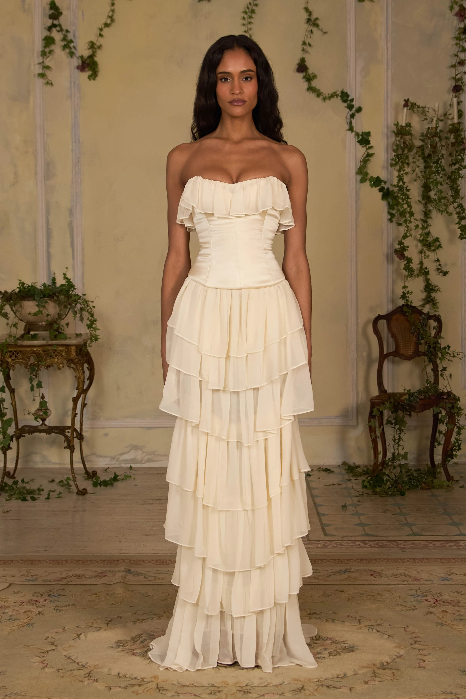 Lussooy Charming Strapless Champagne Evening Dress Floor Length Tiered Ruffles