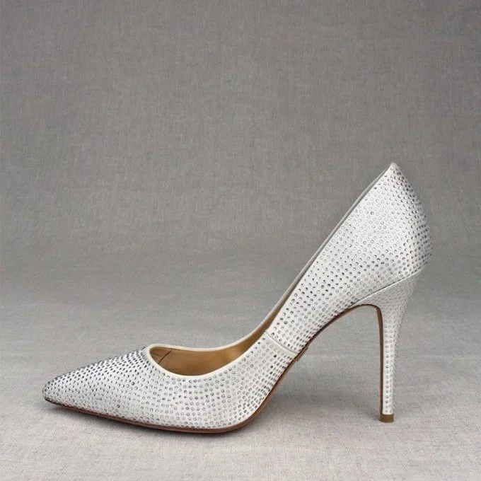 White Satin Rhinestone Wedding Shoes Pointed Toe Stiletto Heel Pumps |FSJ Shoes