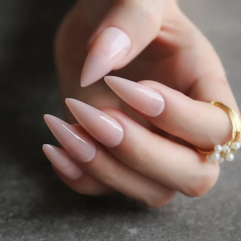 long shiny fake nails brick clour Stiletto glossy false nails Long almond salon art false nails nude Middle length-Nail Inspo