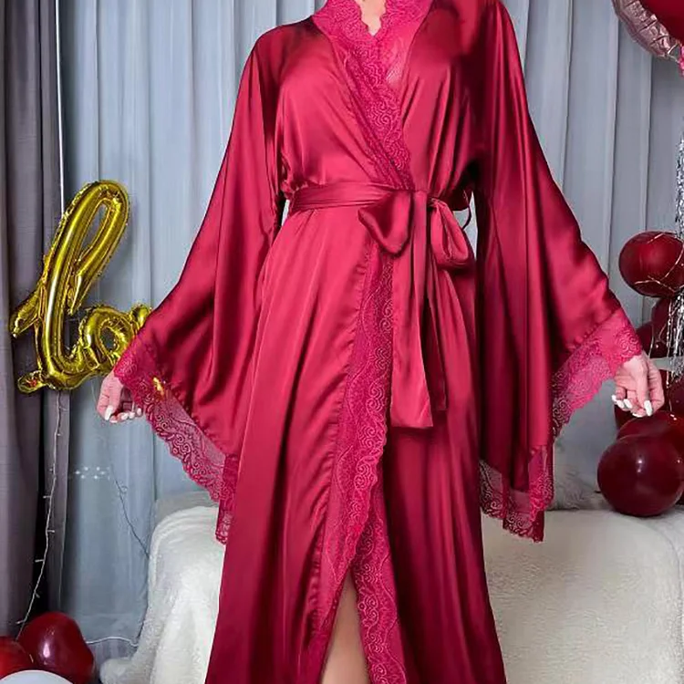 Satin Long-sleeved Patchwork Lace Strap Bathrobe