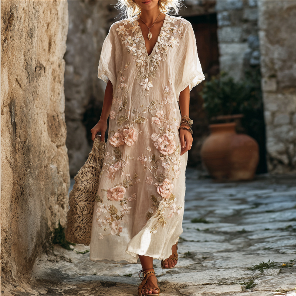 Women's Floral Embroidery Art Blended Washed Cotton Linen Flowy V-neck Dress elevenforest