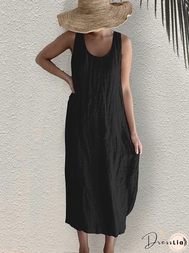 Casual Dress Cotton Linen Dress Tank Dress Midi Dress Linen / Cotton Blend Basic Casual Outdoor Daily Vacation U Neck Basic Sleeveless Summer Spring Regular Fit Black White Pink Plain S for Women