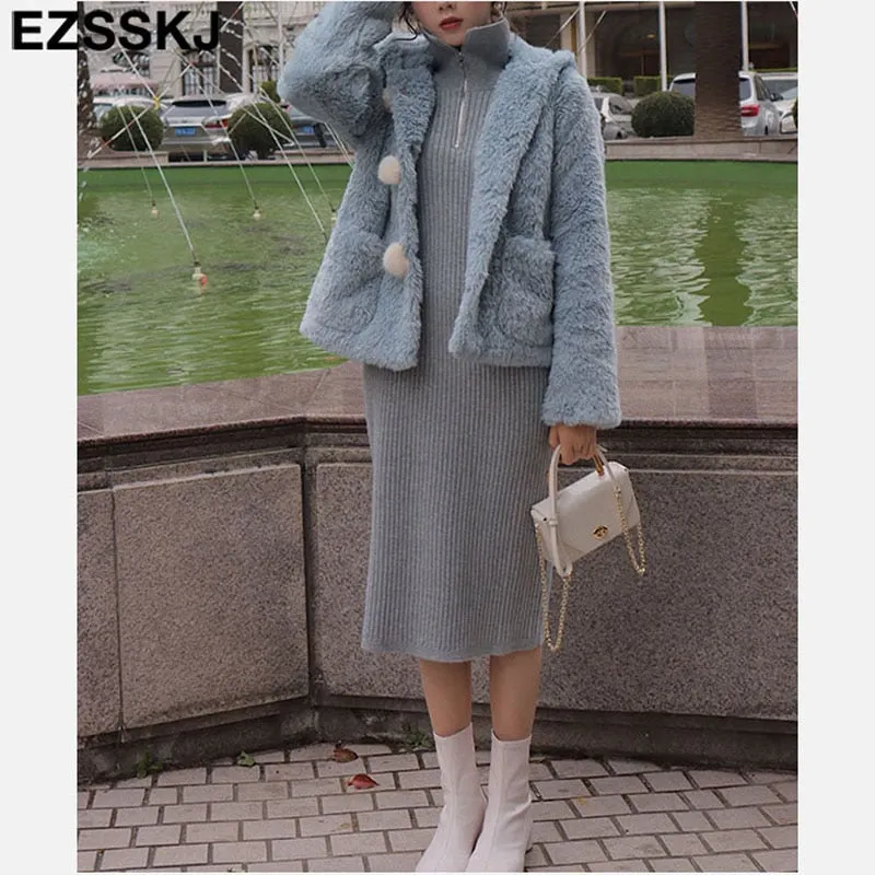 autumn winter warm Loose zipper thick sweater dress for women staight sweater dress women loose long dress Female chic dress