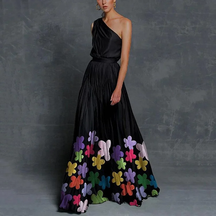 One shoulder women color-block pleated dress