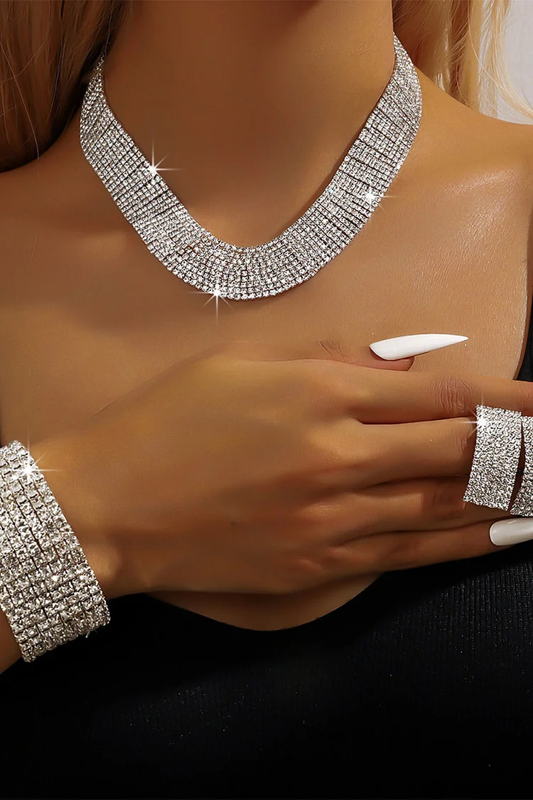 Fashion Silver Multi-Layered Rhinestone Three Piece Jewelry Set