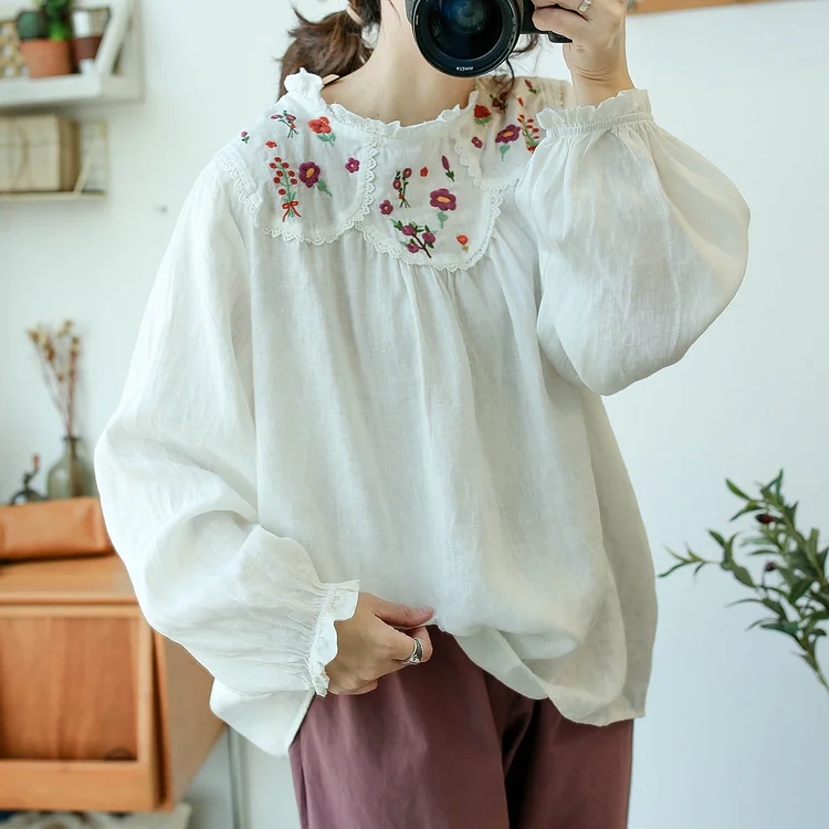 Queenfunky cottagecore style 100% Linen Embroidered Collar Loose Fit Blouse QueenFunky