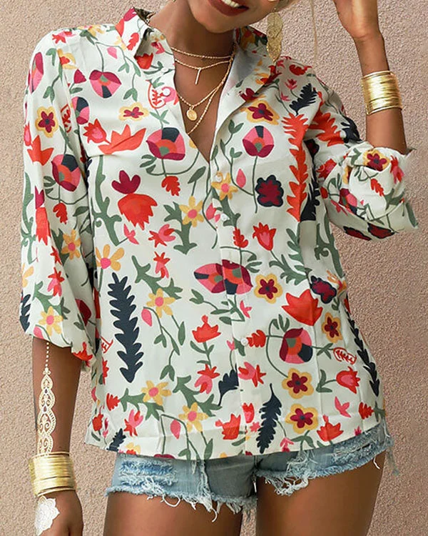 Sweet Holiday Floral Casual Button up Blouses