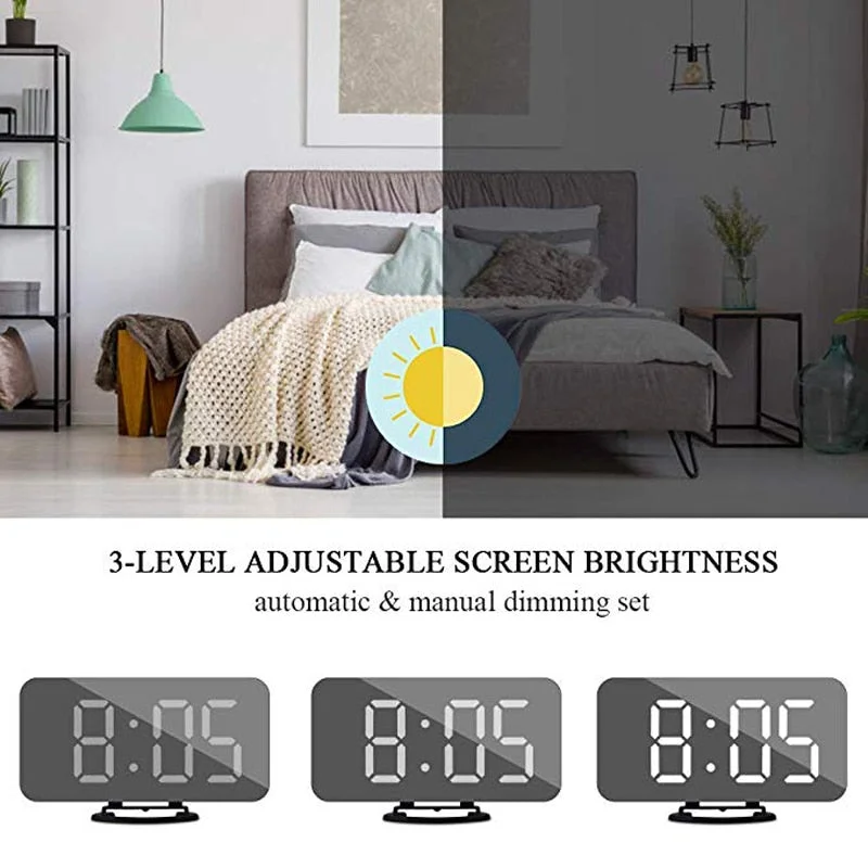 Digital LED Alarm Clock Mirror 2 USB Charger Ports Night Light LED Table Clock Snooze Function Adjustable Brightness Desk Clocks